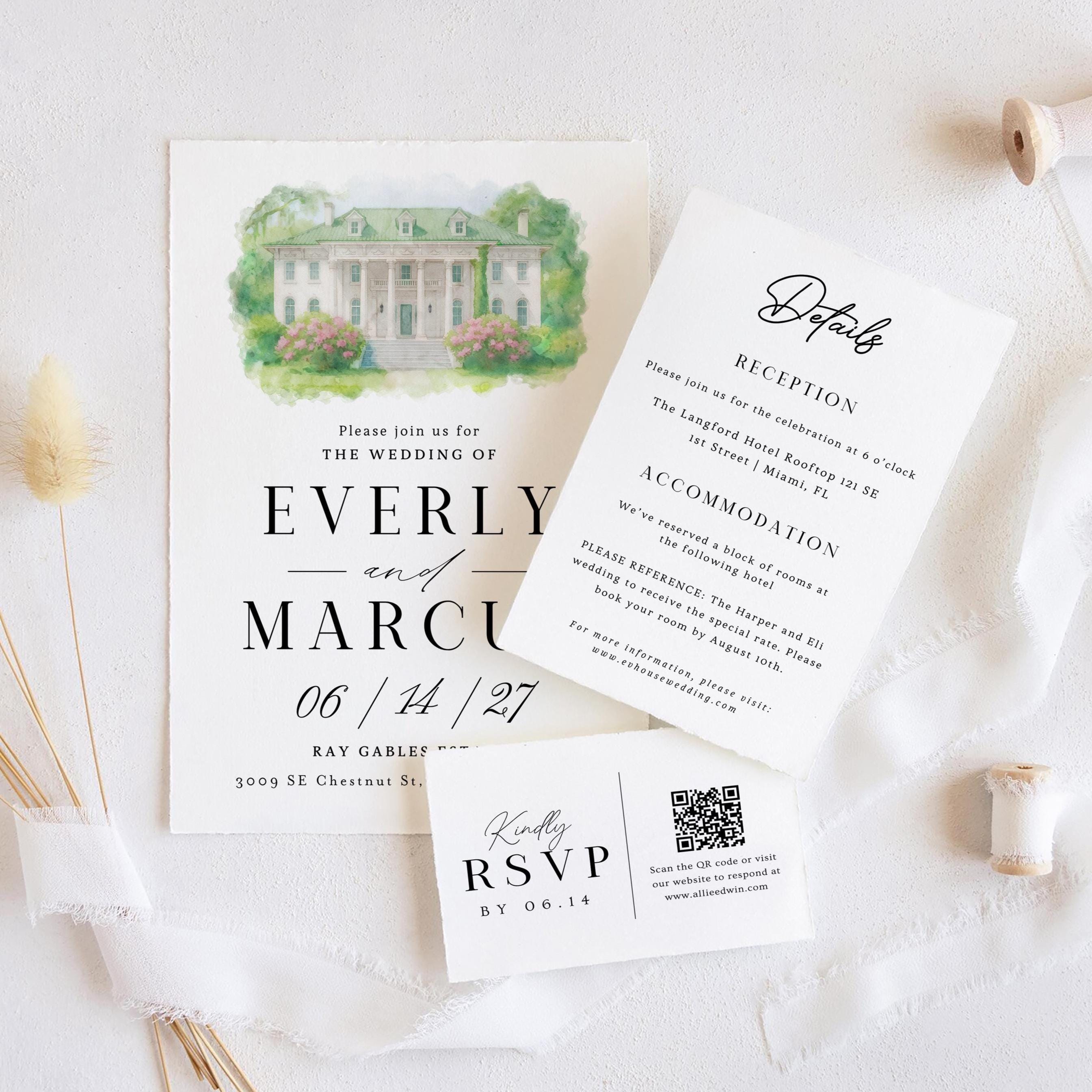 Watercolor Venue Wedding Invitation Template: Custom Illustration (DIY Canva Editable, Digital Download, RSVP Included)