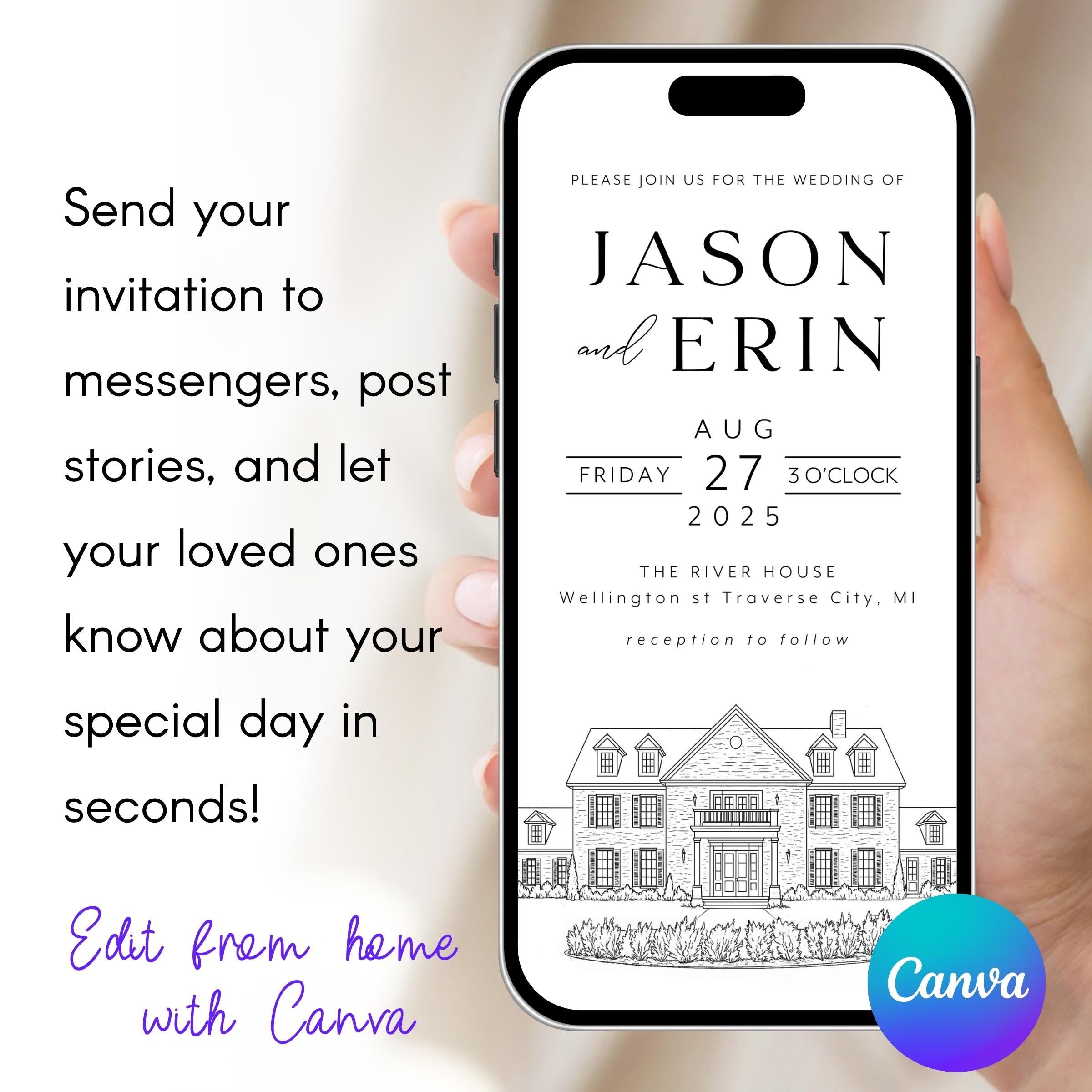 Venue Sketch Save the Date: Digital Wedding Invitation (JPEG, PNG, PDF