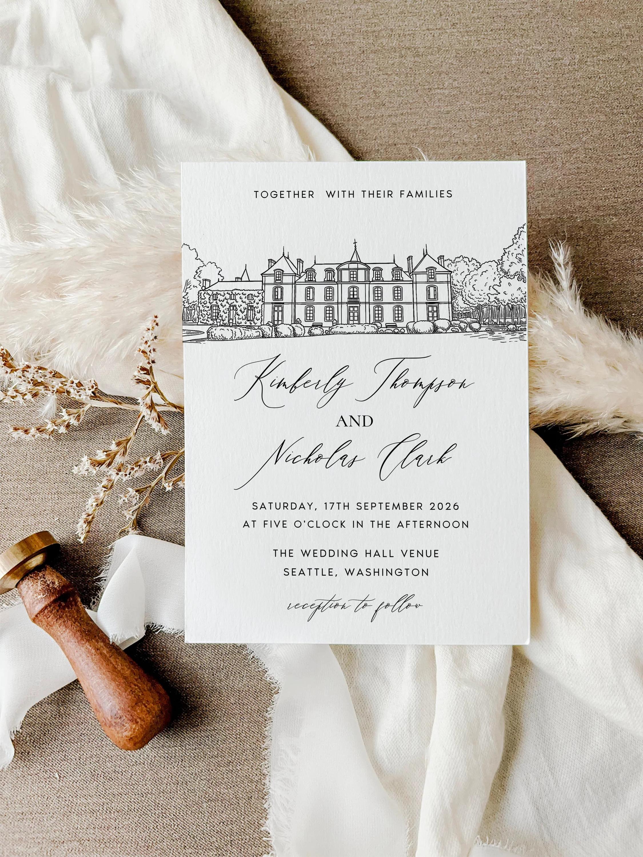 Wedding Venue Sketch Gatefold Invitation | Fully Editable Invitation Canva Template | Illustration