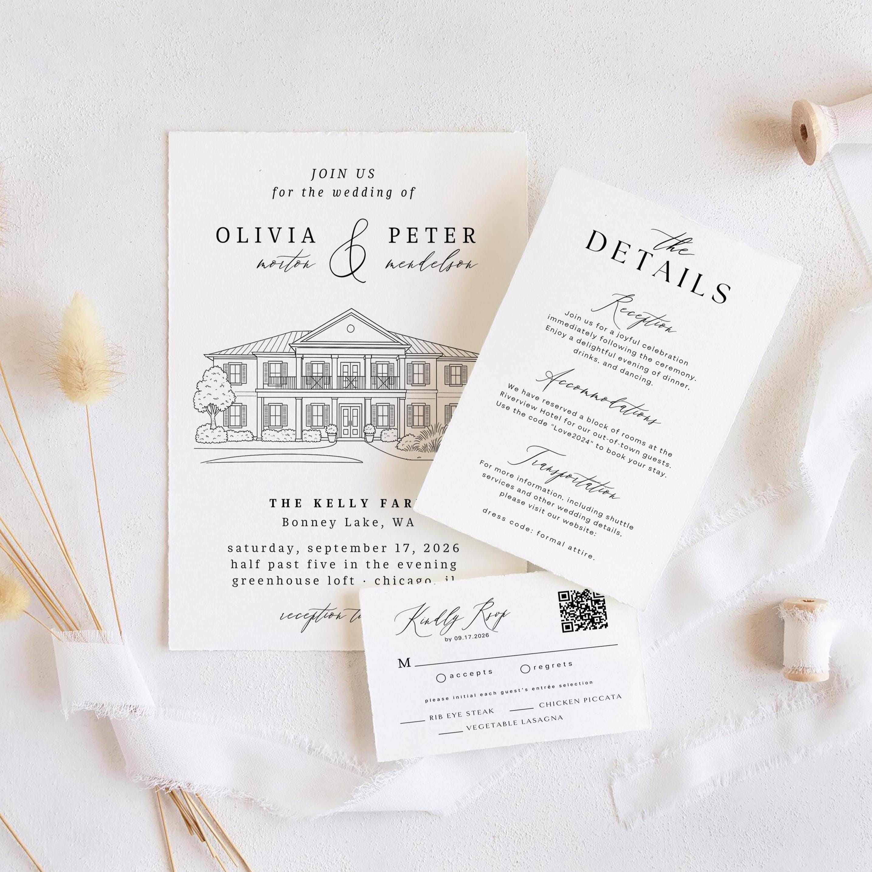 Venue Illustration Wedding Invitation Template: Custom Line Art