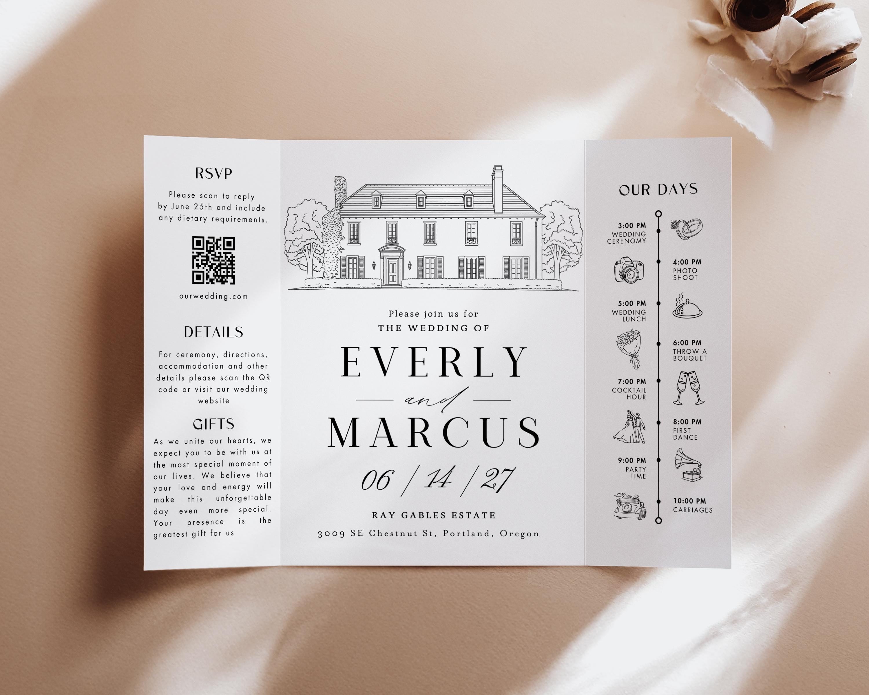 Custom Wedding Venue Illustration Invitation: Line Drawing Gatefold Template