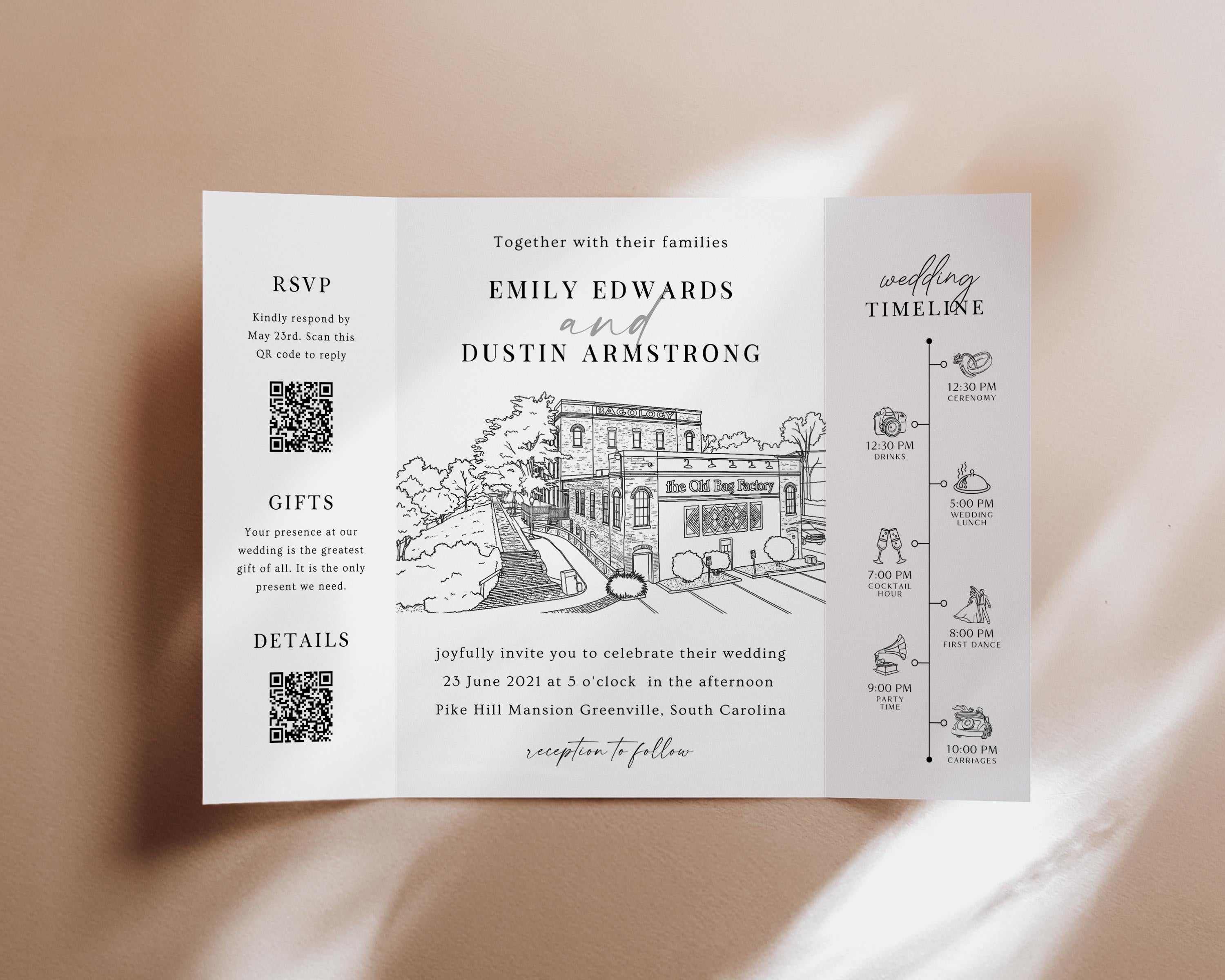 Wedding Venue Sketch Gatefold Invitation | Fully Editable Invitation Canva Template | Illustration