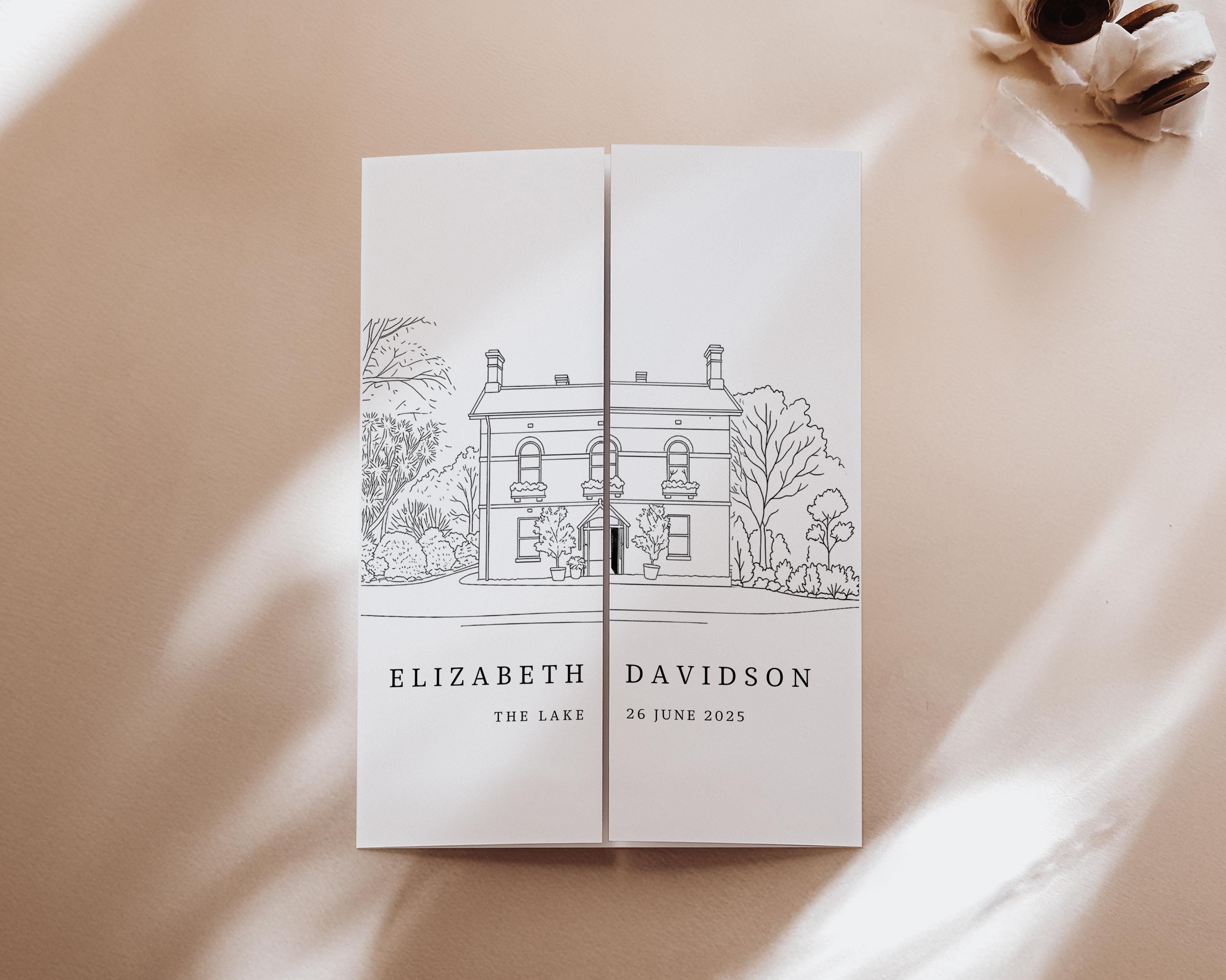 Custom Wedding Venue Illustration Invitation: Line Drawing Gatefold Template