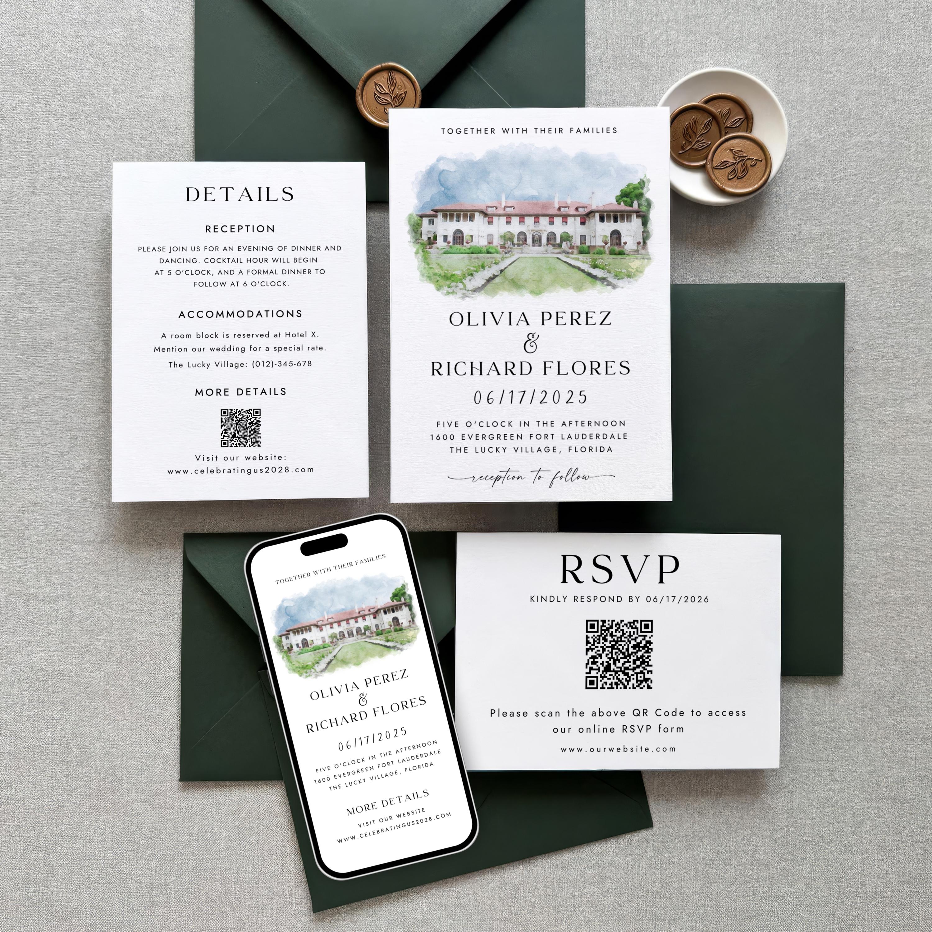 Custom Watercolor Venue Wedding Invitation Suite | Modern Invite set | Editable Canva Template