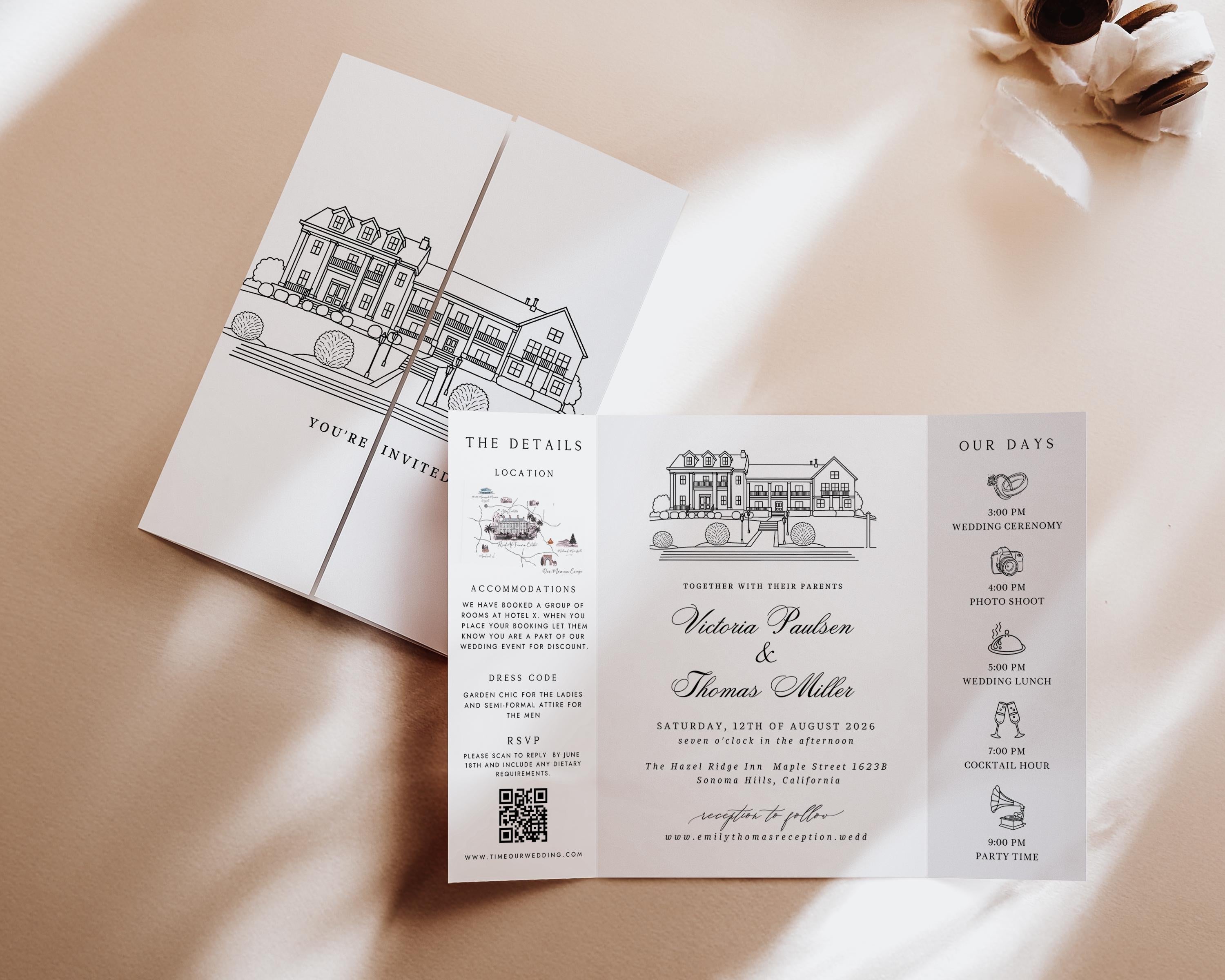 Custom Sketch Venue Gatefold Invitation | Editable Canva Lineart Gatefold Invite | Modern Wedding Template