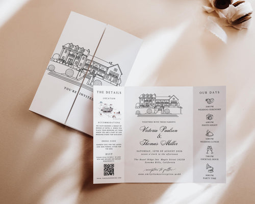 Custom Sketch Venue Gatefold Invitation | Editable Canva Lineart Gatefold Invite | Modern Wedding Template