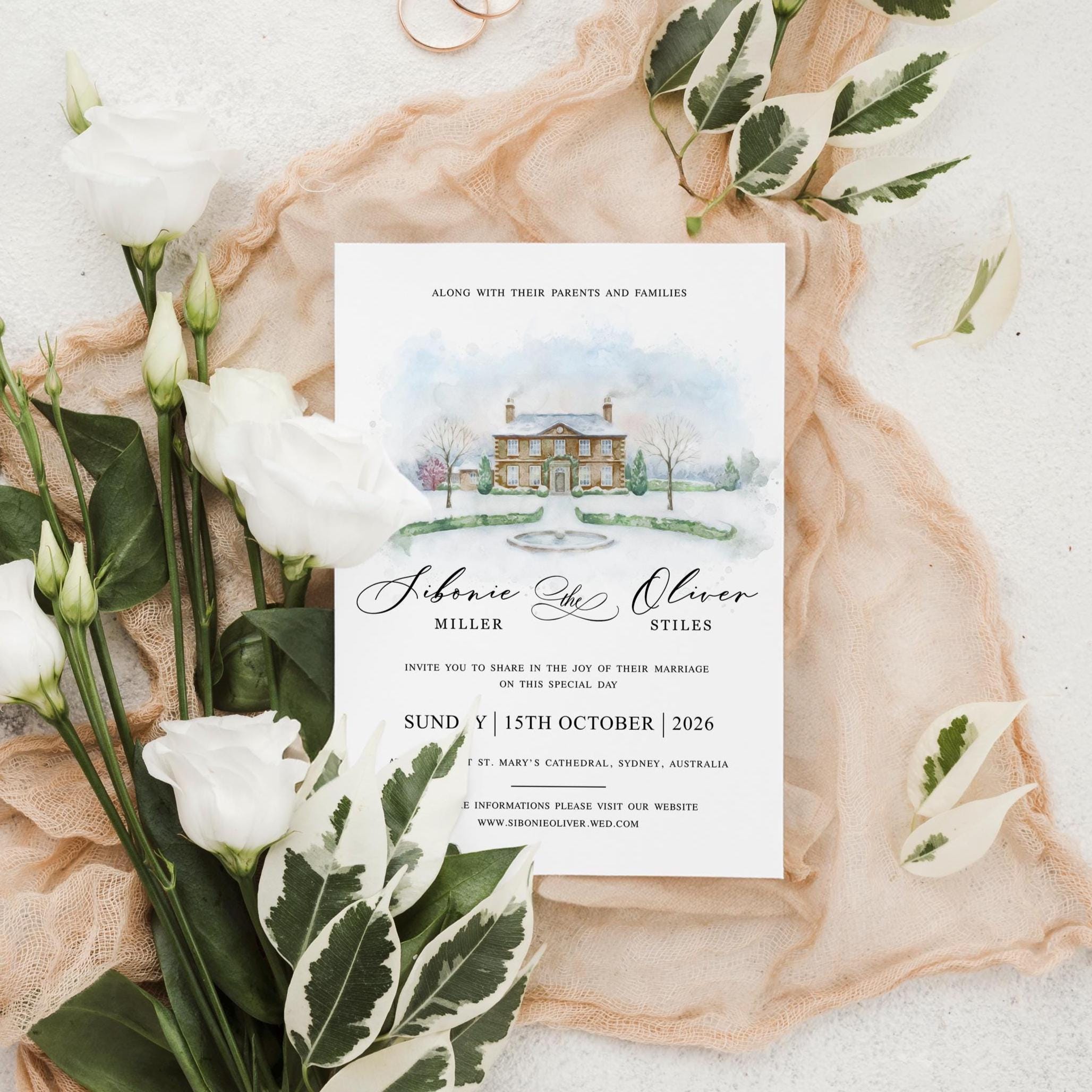 Watercolor Wedding Venue Invitations | Custom Venue digital, Modern Illustration Invite, Editable Canva Template