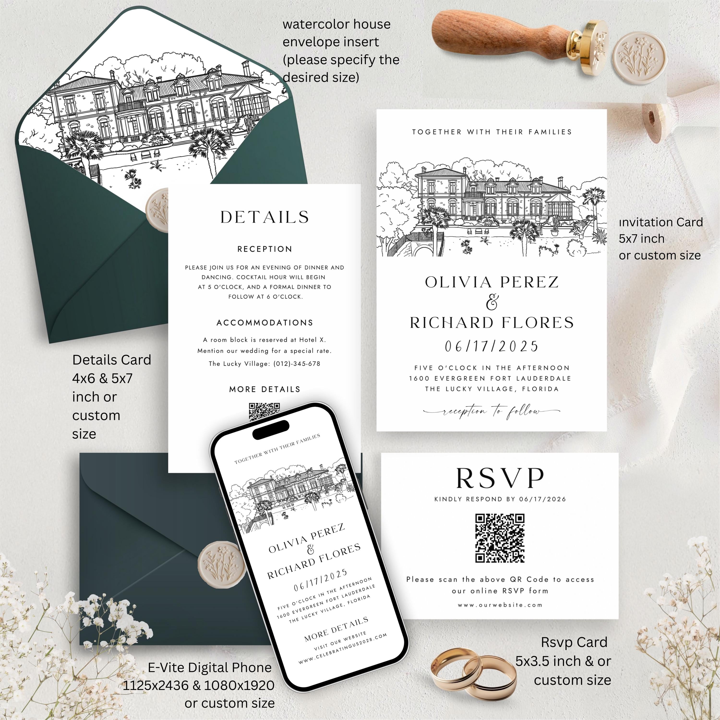Custom Venue Line art Invitation Bundle | Personalized illustration Wedding Invite Canva Template | Wedding Stationery