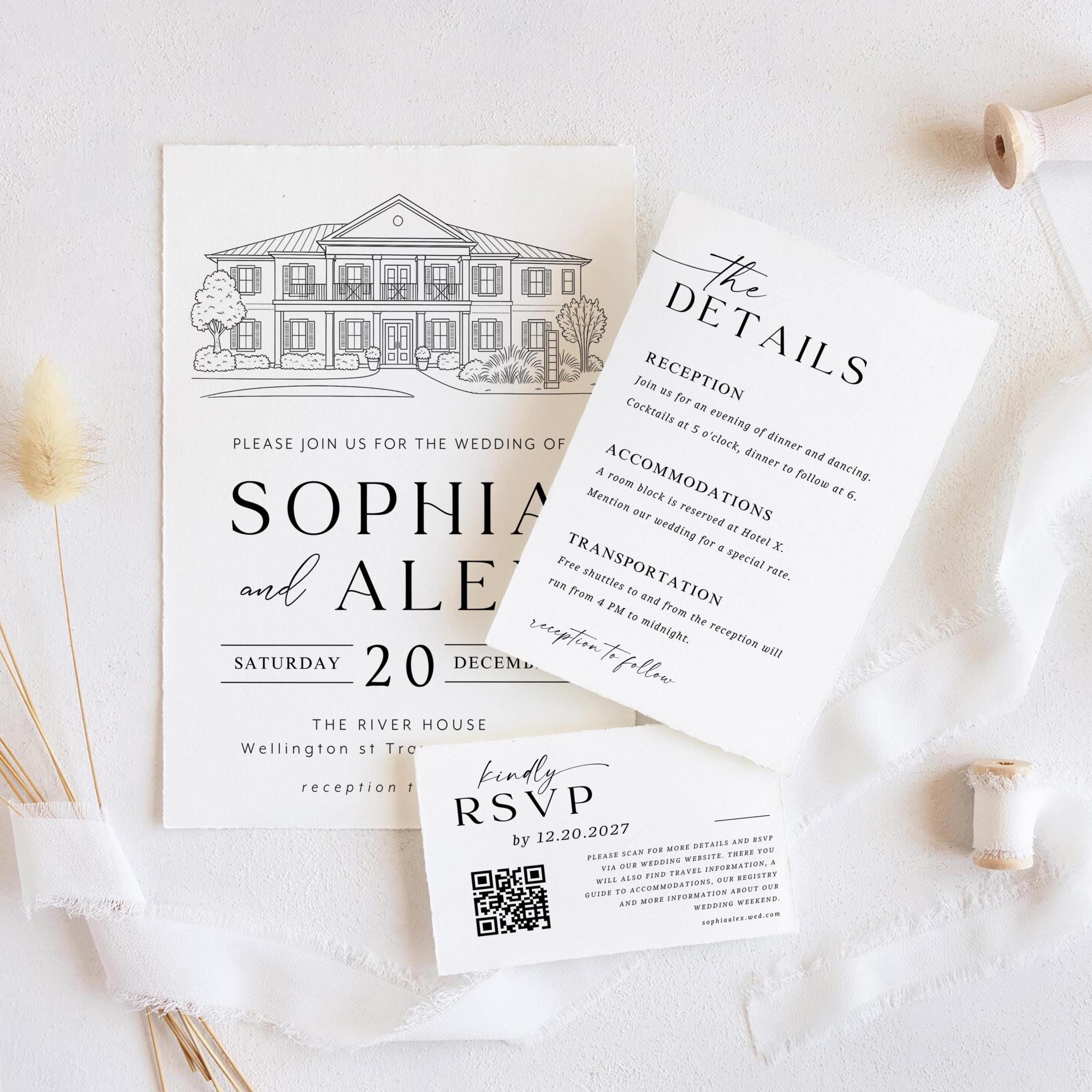 Line Drawing Wedding Venue Invitation: Custom Illustration (Canva Template)