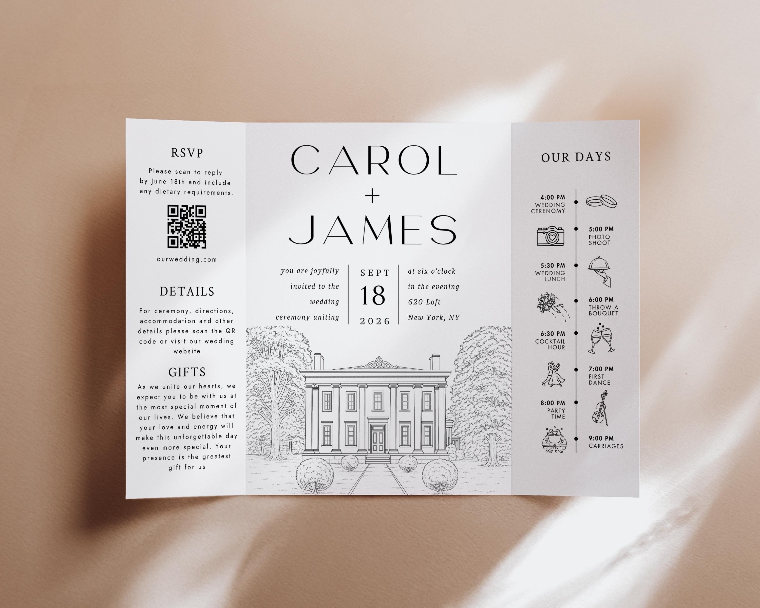 Custom Sketch Venue Gatefold Invitation | Editable Canva Lineart Gatefold Invite | Modern Wedding Template