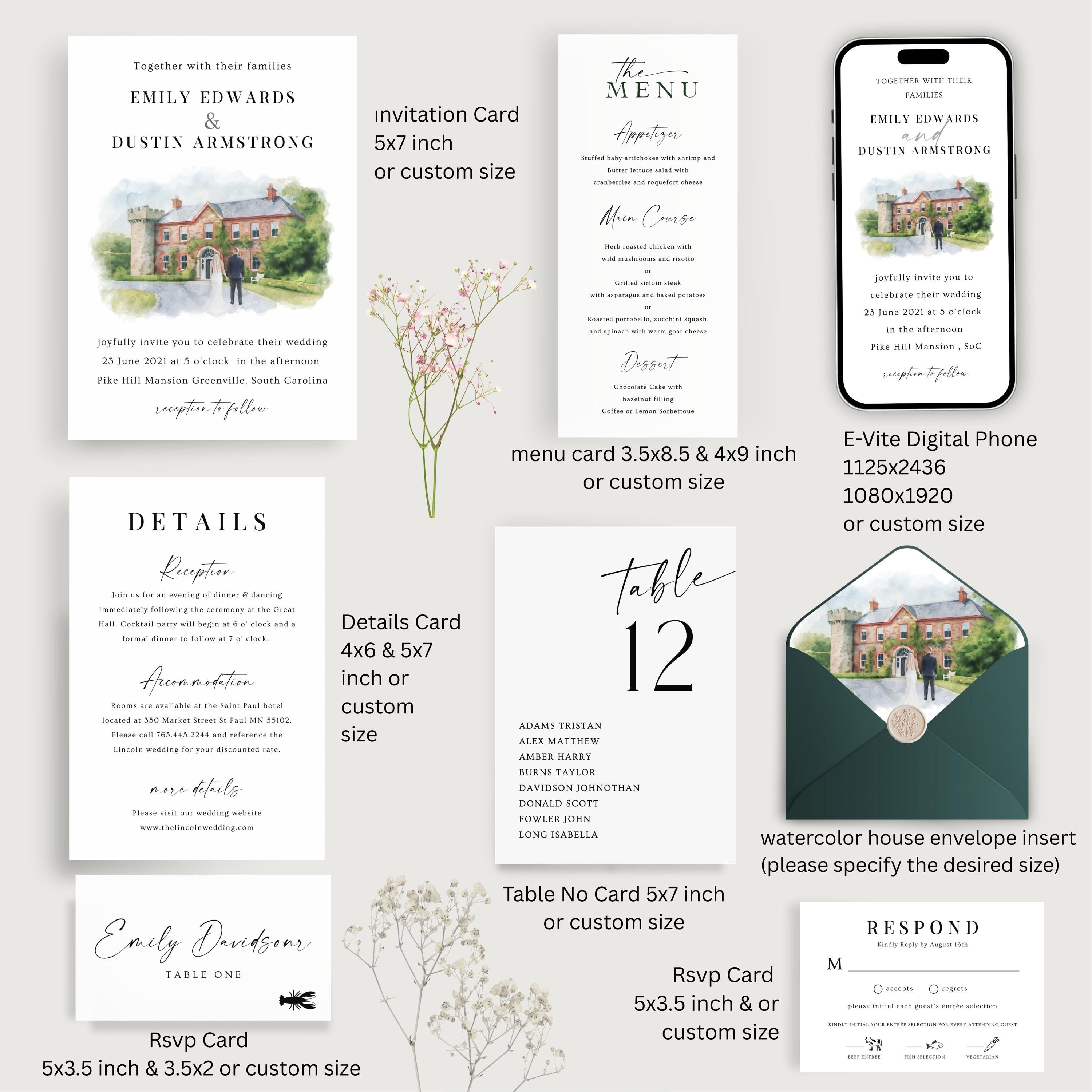 Custom Watercolor Venue Wedding Invitation | Printable Wedding Stationery Bundle | Editable Canva Template