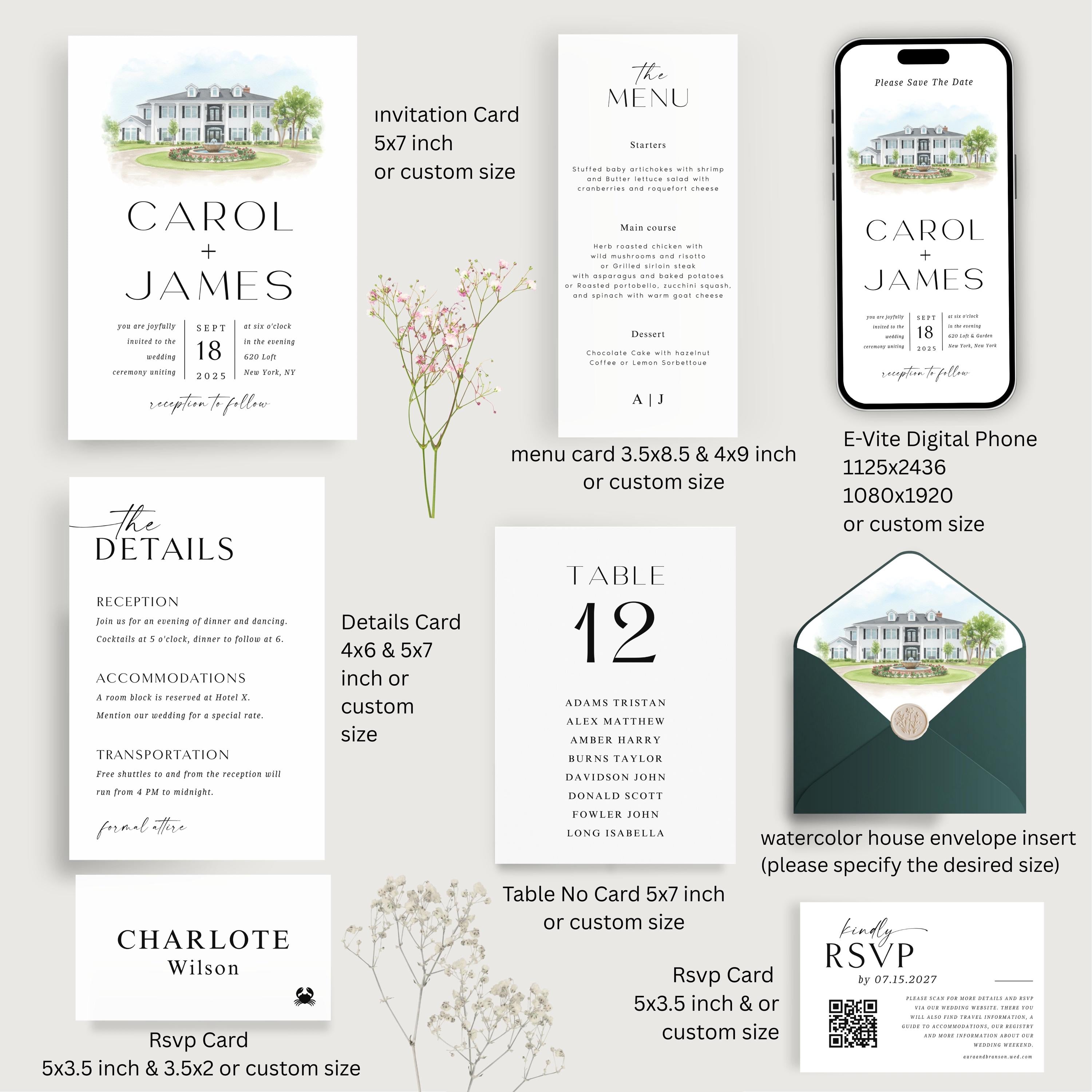 Custom Watercolor Venue Wedding Invitation Suite | Modern Invite set | Editable Canva Template