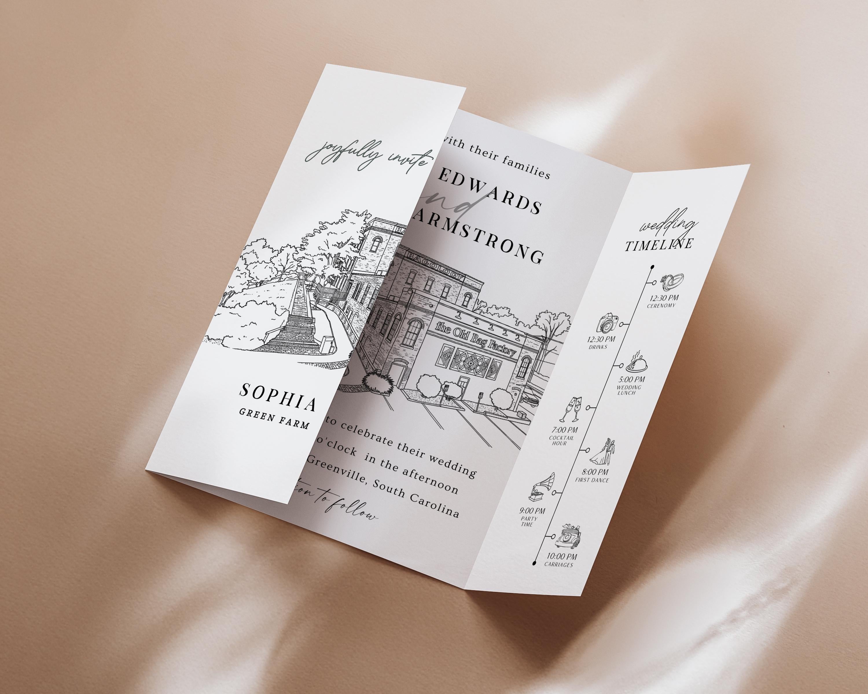 Wedding Venue Sketch Gatefold Invitation | Fully Editable Invitation Canva Template | Illustration