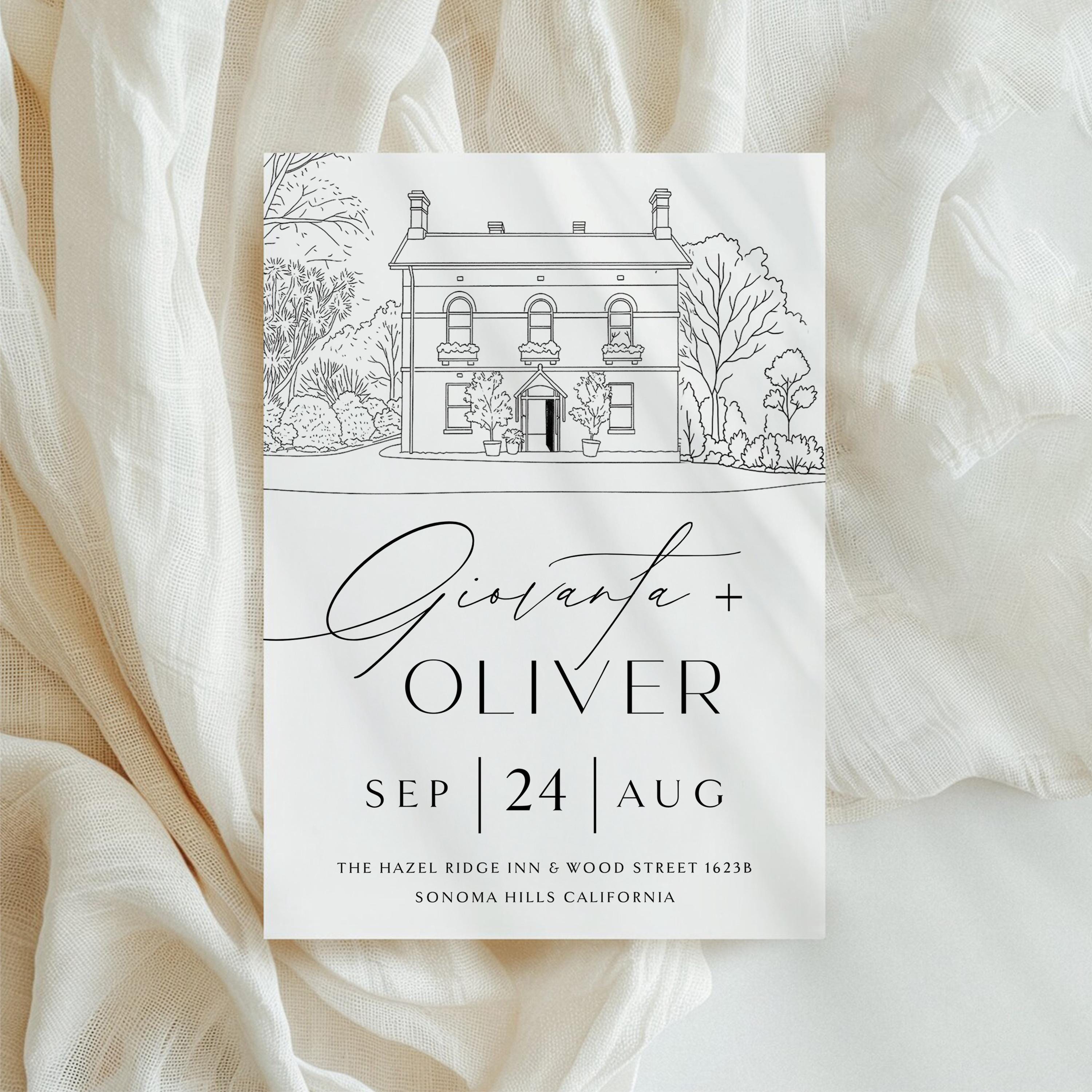 Wedding Venue Line Art Invitation: Custom Venue Sketch (Canva Template, Digital Download
