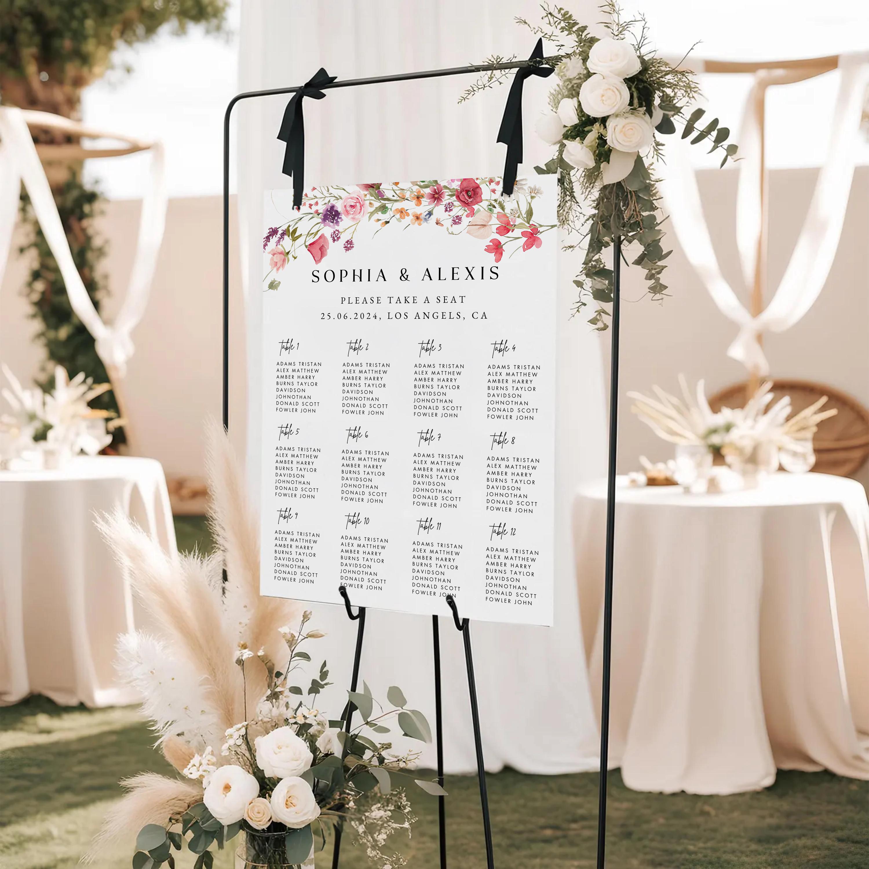 Flowers Wedding Seating Chart Template: Editable Alphabetical Sign (Digital Download)