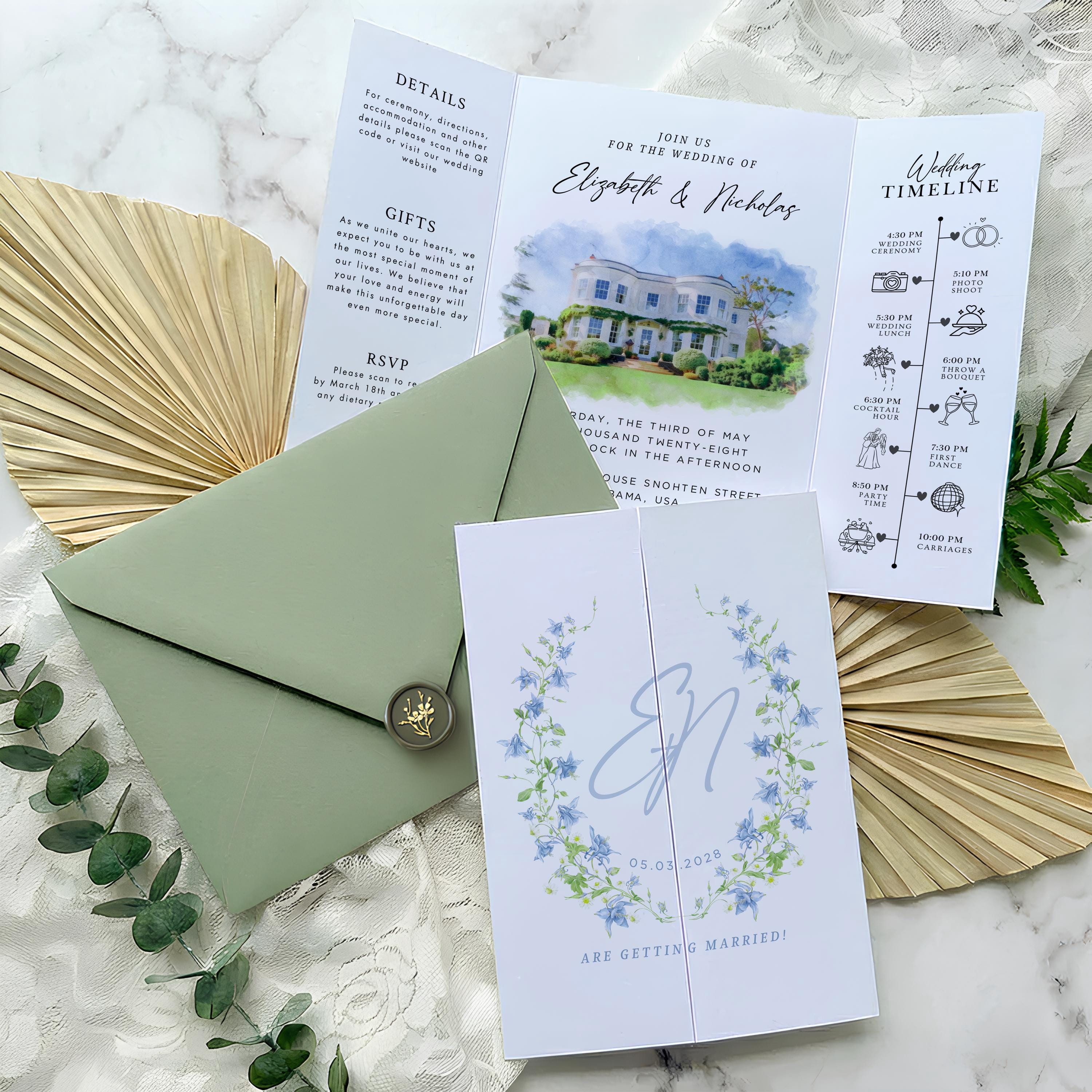 Personalized Watercolor Venue Wedding Invitation | Editable Canva Custom Gatefold Invite | Modern Wedding Template