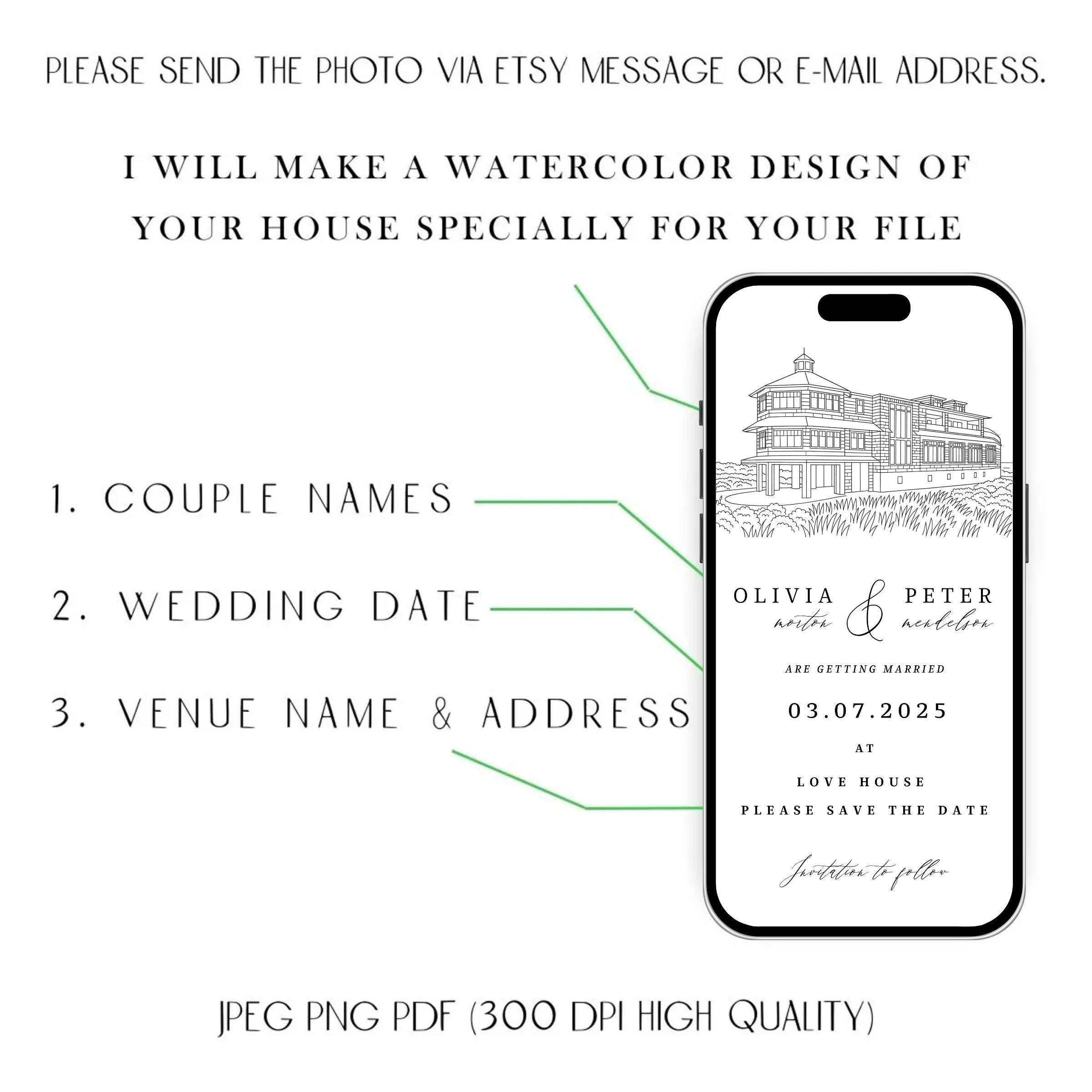 Venue Sketch Save the Date: Digital Wedding Invitation (JPEG, PNG, PDF