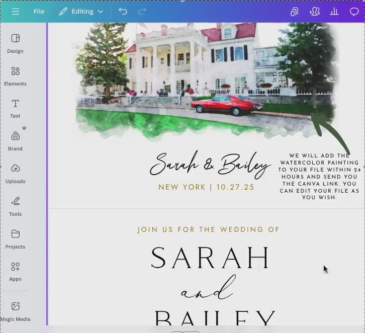 Venue Sketch Wedding Concertina Folded Invitation Card , Custom Watercolour Illustration,